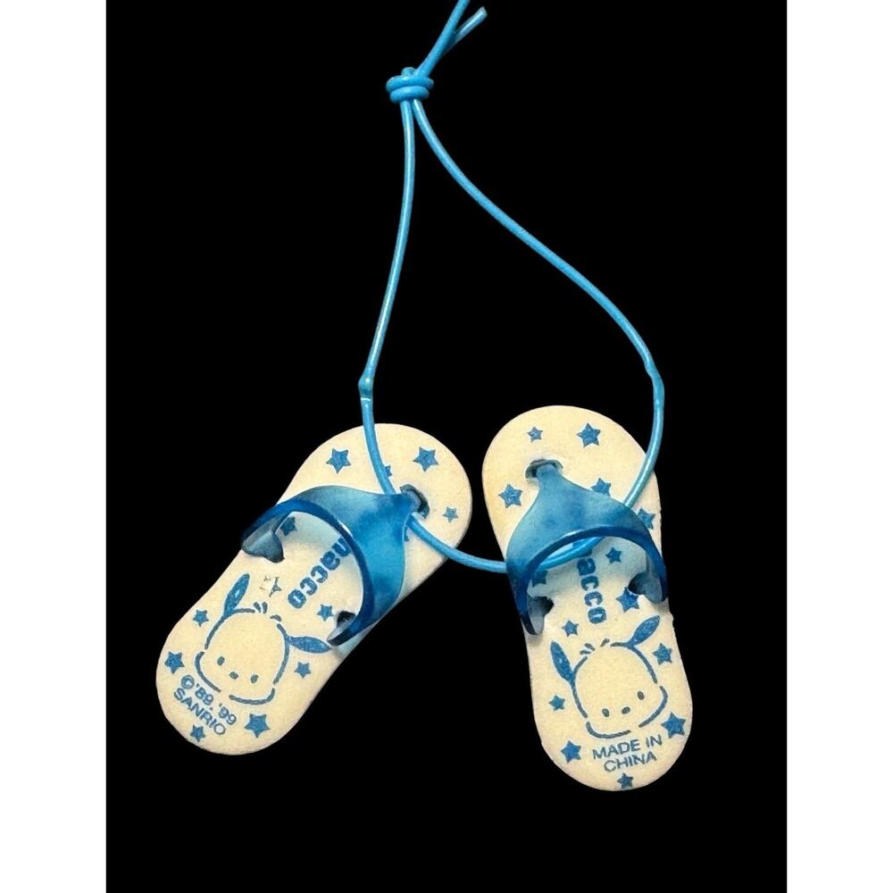 Vintage Sanrio Pochacco Flip Flops Charm Keychain 1999 Rare White Blue Miniature